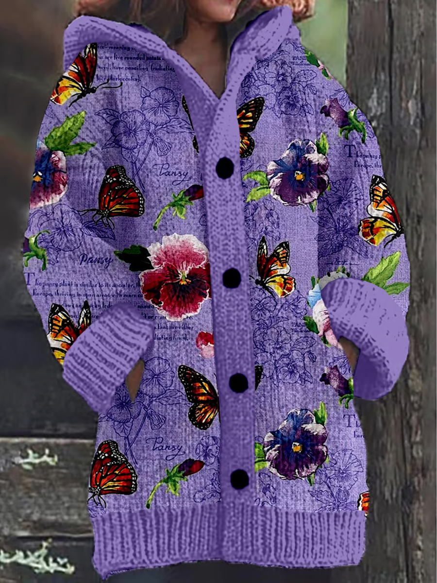 Damski retro fioletowy drukowany kompozytowy długi płaszcz z polaru