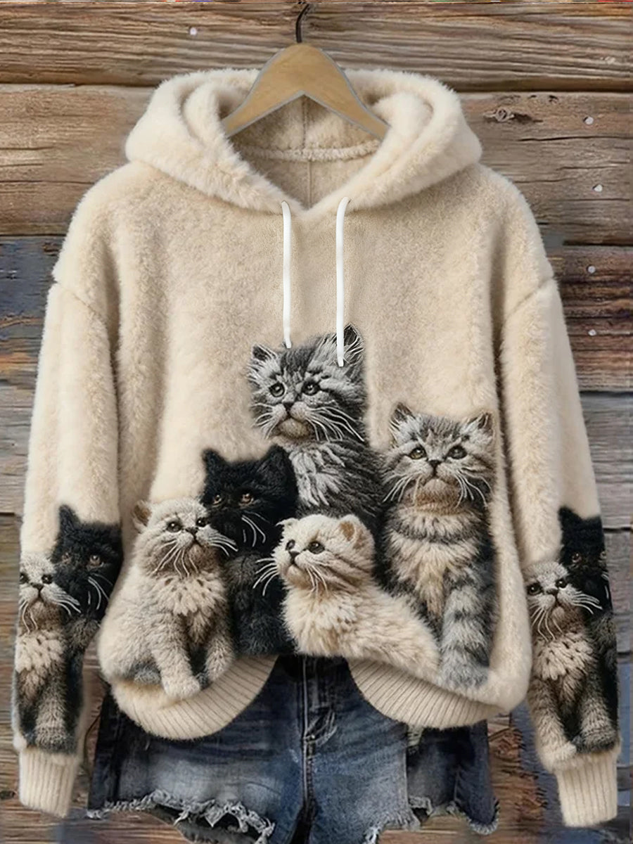 Damska śliczna flanelowa bluza z nadrukiem w stylu cat