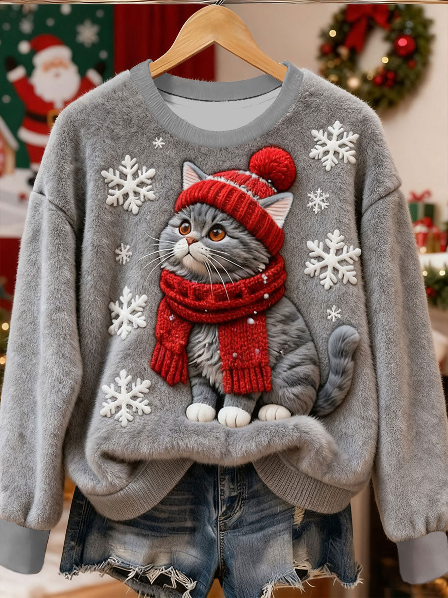 Damska śliczna świąteczna bluza z motywem Cat Art Print Casual Flanelowa bluza