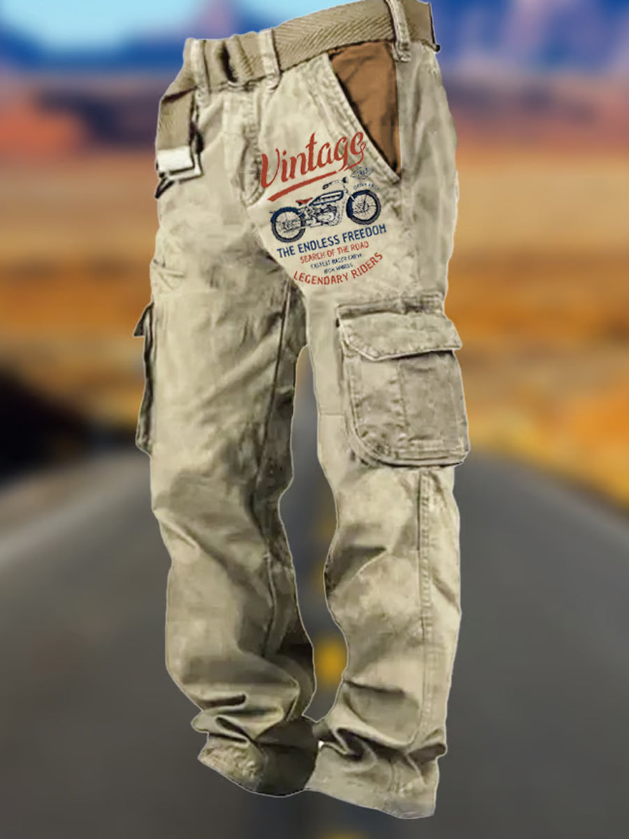 Męskie Retro Art Print Multi-Pocket Wielofunkcyjne Spodnie Cargo