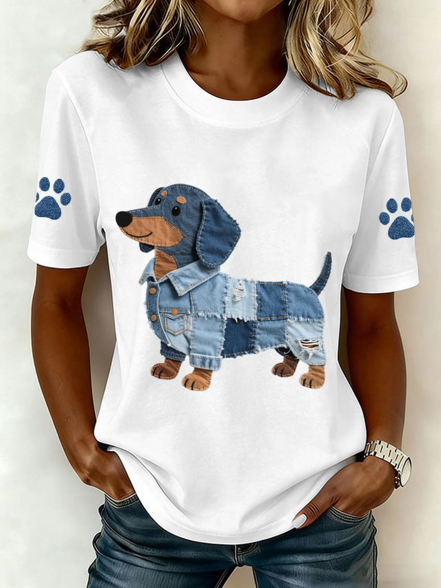 Damski jeansowy patchwork art jamnik wzór T-Shirt