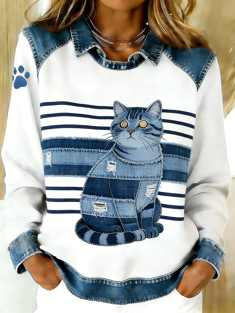 Damski Vintage Denim Patchwork Top z nadrukiem w stylu zwierzęcym, swobodny i wygodny