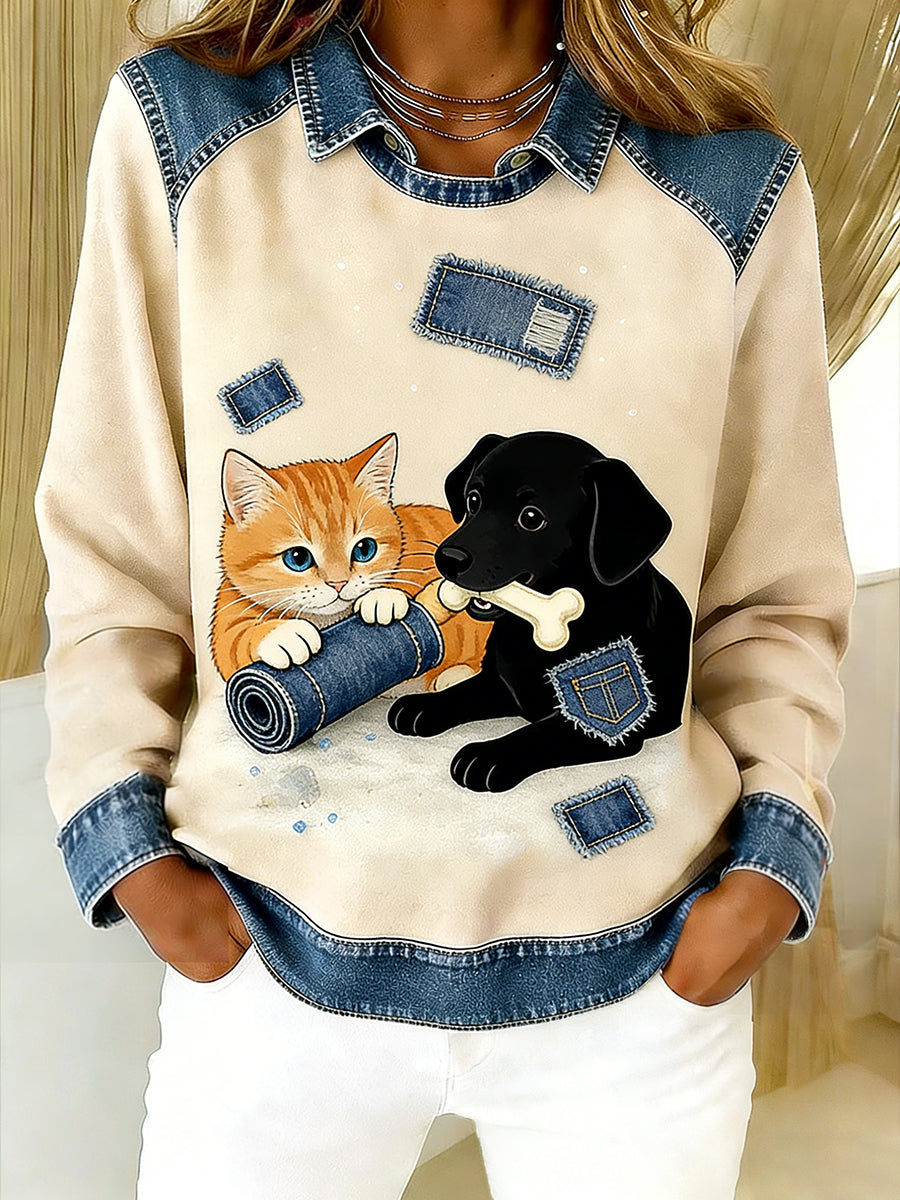 Damski Vintage Denim Patchwork Top z nadrukiem w stylu zwierzęcym, swobodny i wygodny