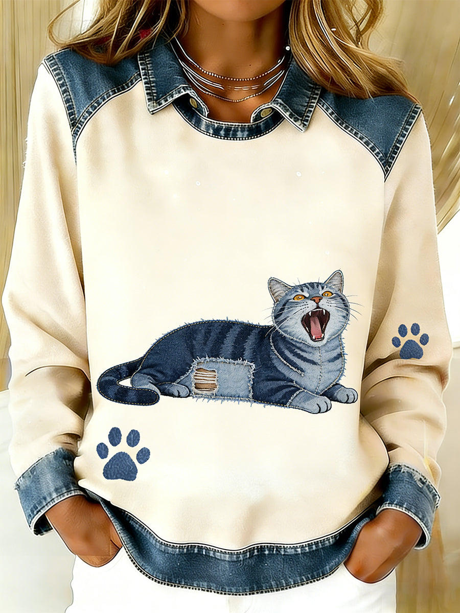 Damski Vintage Denim Patchwork Top z nadrukiem w stylu zwierzęcym, swobodny i wygodny