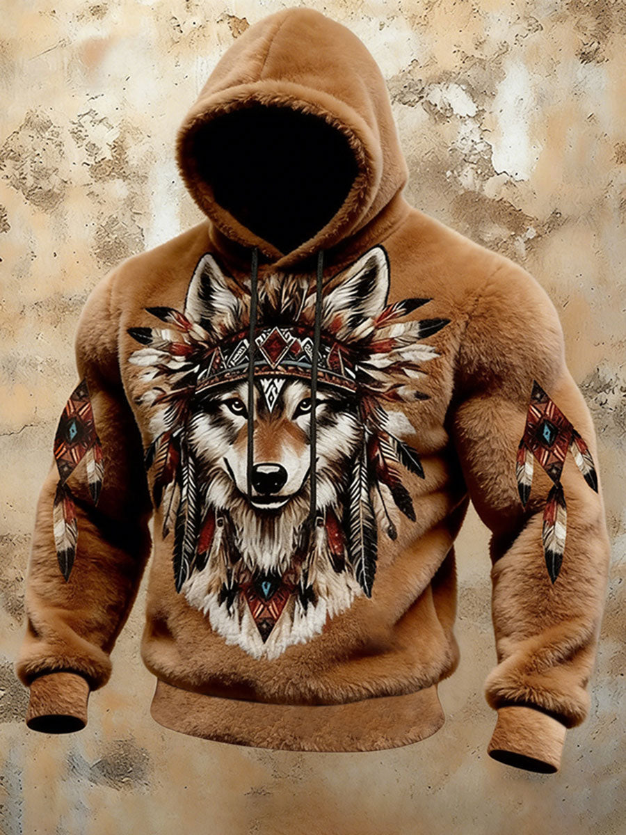 Męska flanelowa bluza z kapturem Western Wolf Totem