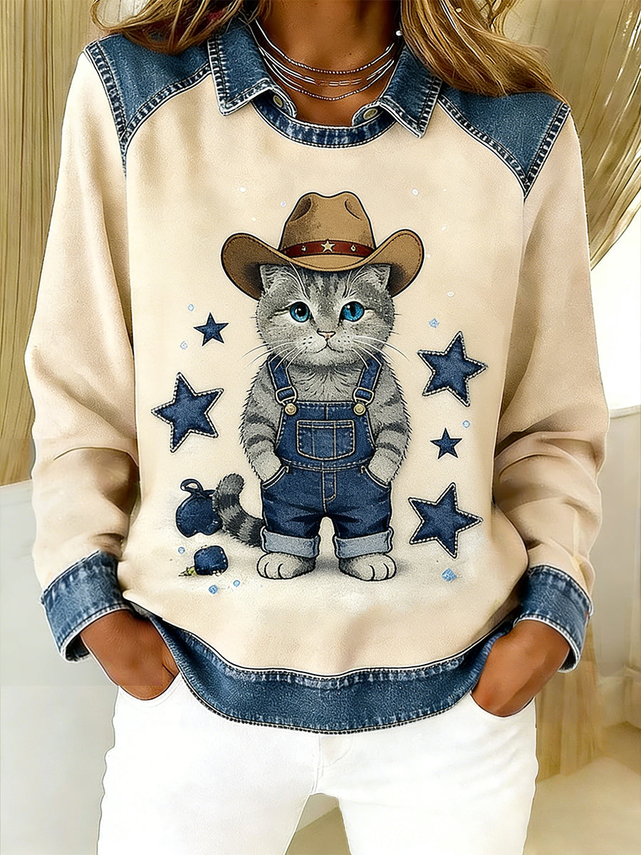 Damski Vintage Denim Patchwork Top z nadrukiem w stylu zwierzęcym, swobodny i wygodny