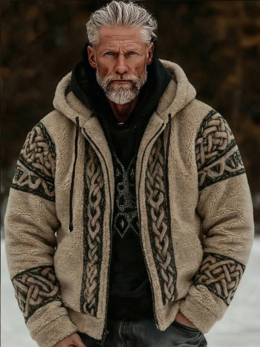 Męska pluszowa kurtka flanelowa z kapturem Viking Celtic Art, przytulna, ciepła, zapinana na zamek