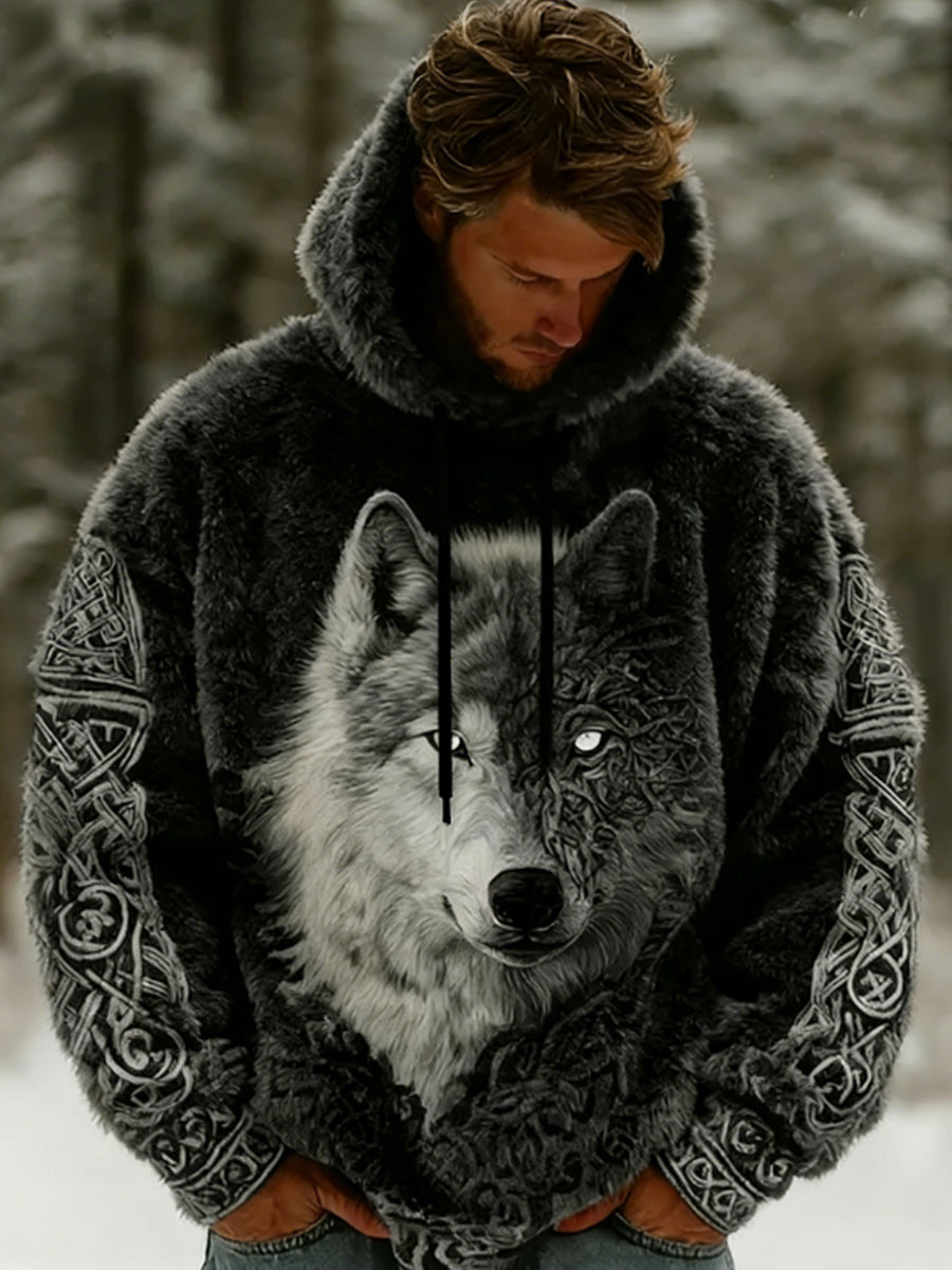 Męska Viking Wolf Celtic Art Flanela Przytulna ciepła bluza z kapturem