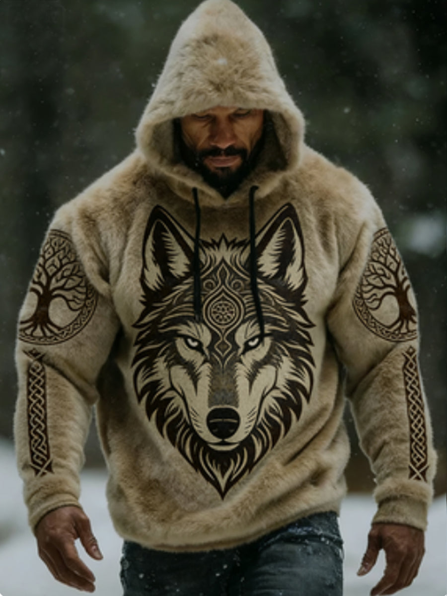 Męska Viking Vintage Wolf celtycka flanelowa ciepła bluza z kapturem