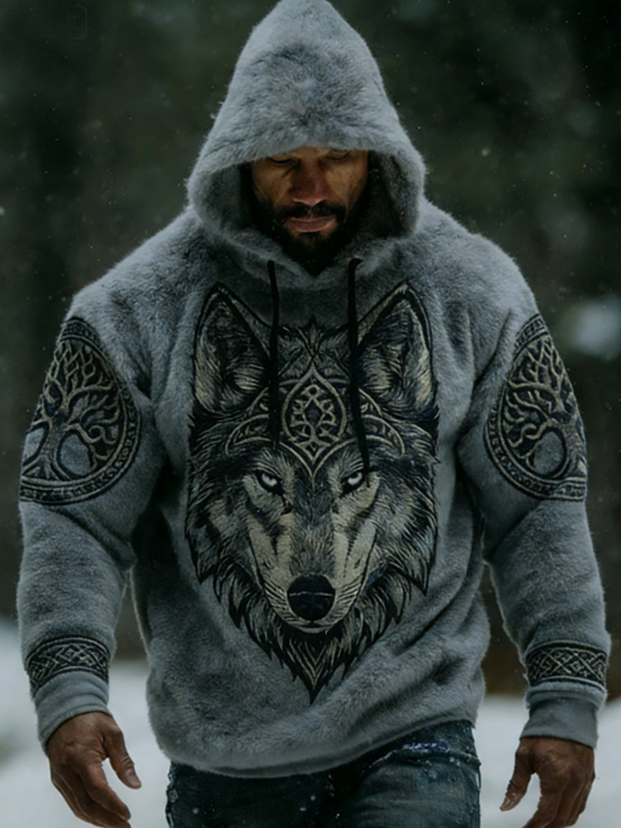 Męska Viking Vintage Wolf celtycka flanelowa ciepła bluza z kapturem