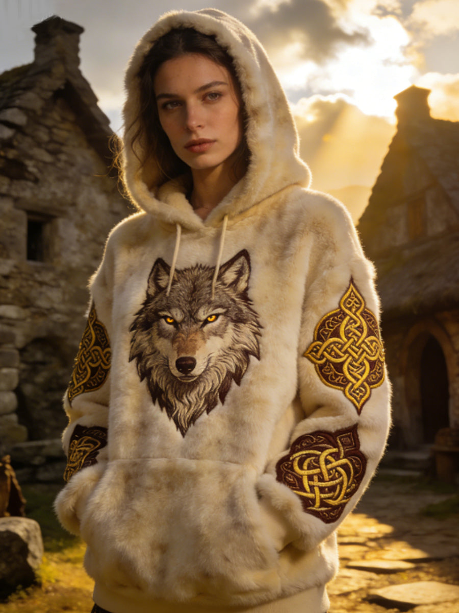 Damska Flanelowa bluza z kapturem w stylu celtyckiego wilka