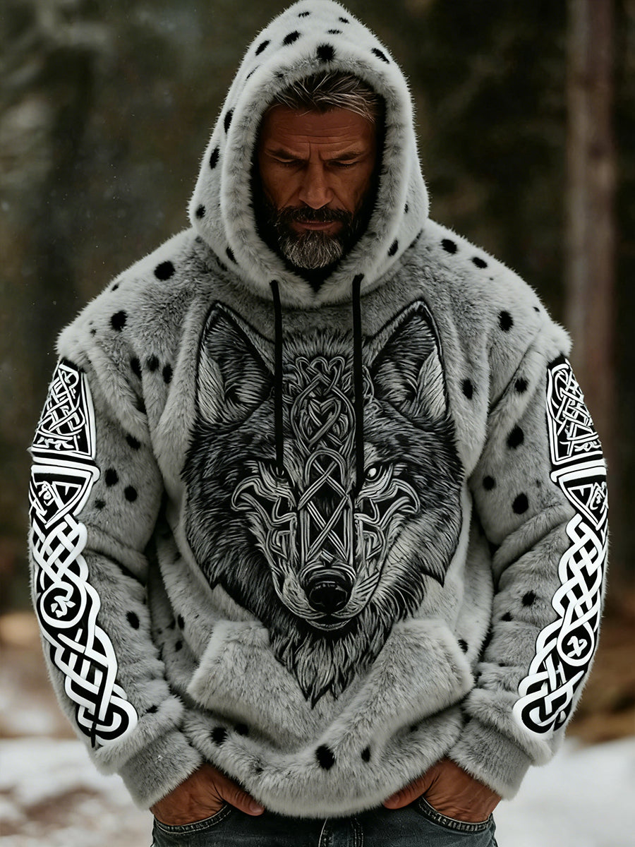 Męska ciepła bluza z kapturem z kapturem retro wiking wilk totem