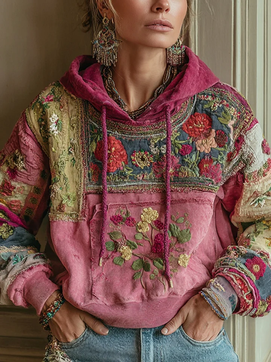 Damska botaniczna kwiecista bluza ze sznurkiem