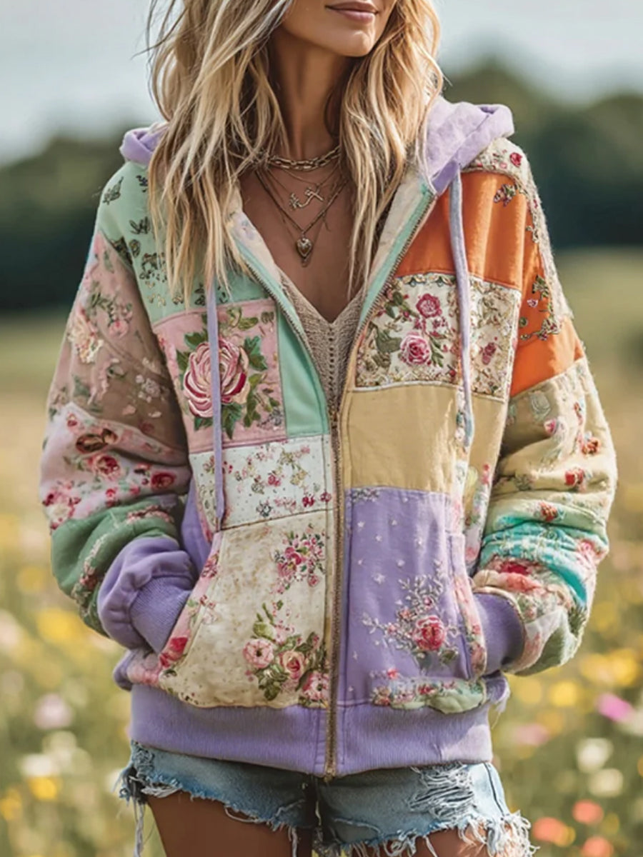 Damska koszulka z kapturem w stylu vintage z motywem patchworku, przytulna, ciepła bluza z kapturem