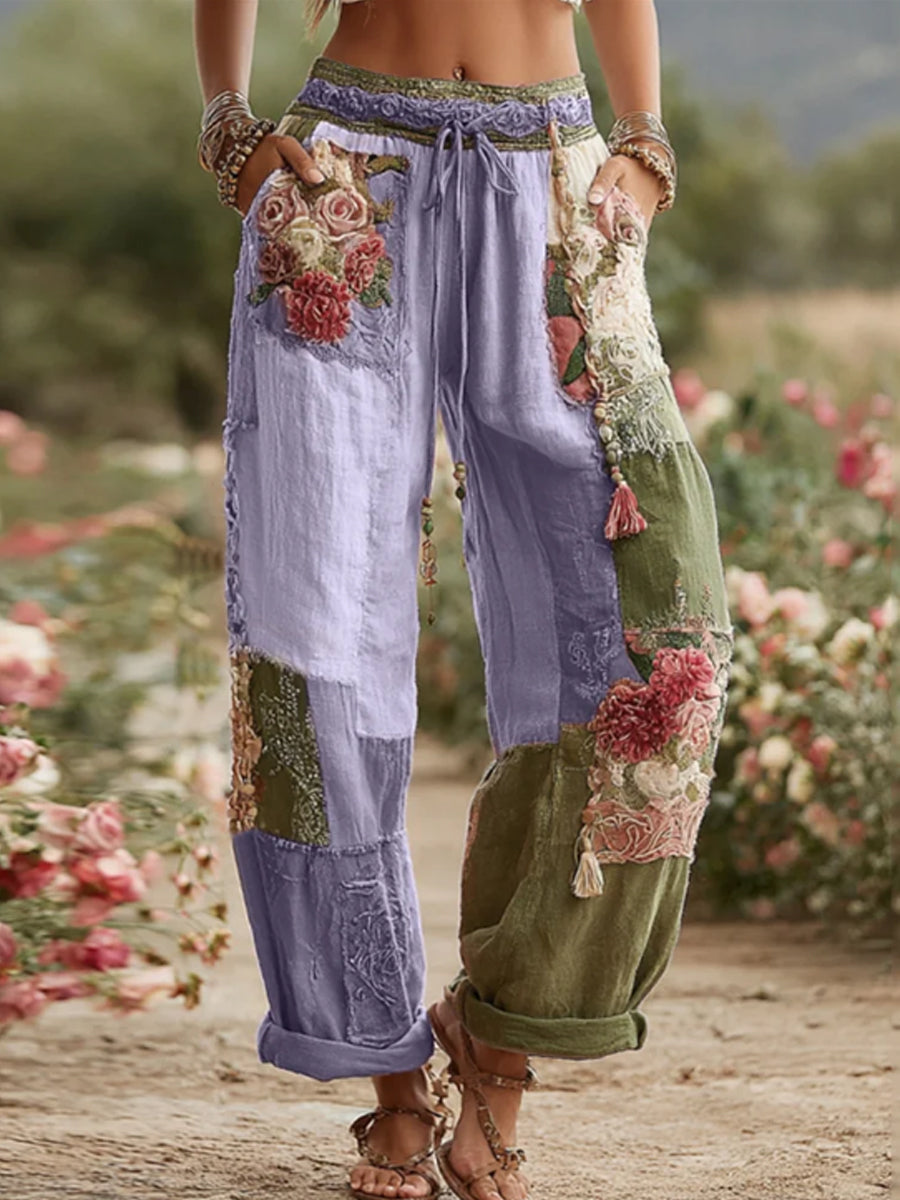 Damskie spodnie w stylu vintage z różą i kwiatem Patchwork Art Len