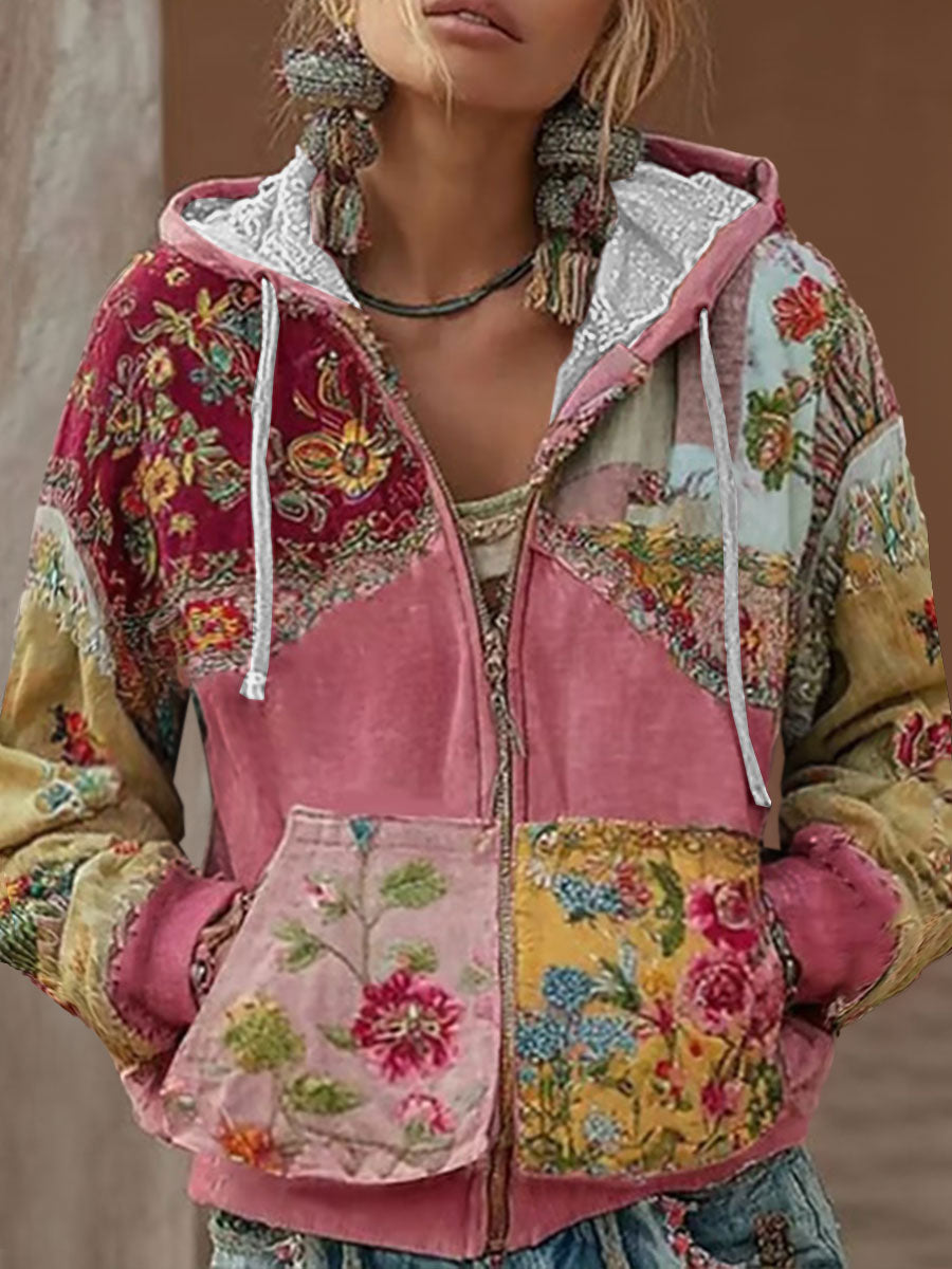 Damski różowy kwiatowy print Casual Zip-Up Top