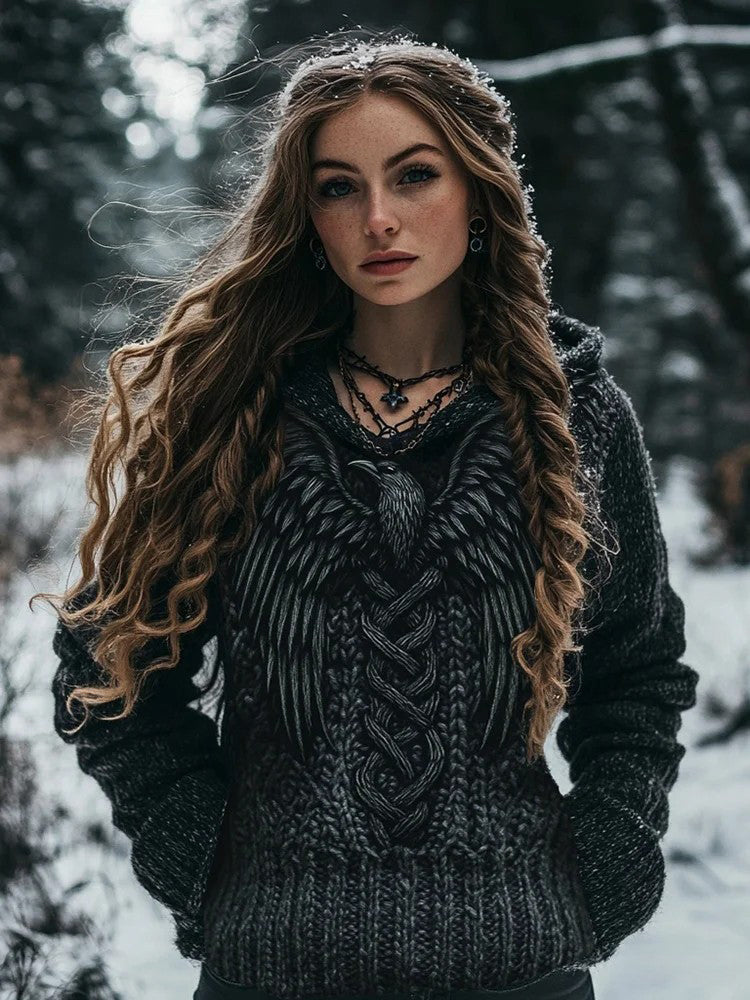 Damski Retro Viking Celtic Knot Eagle Casual Top z kapturem