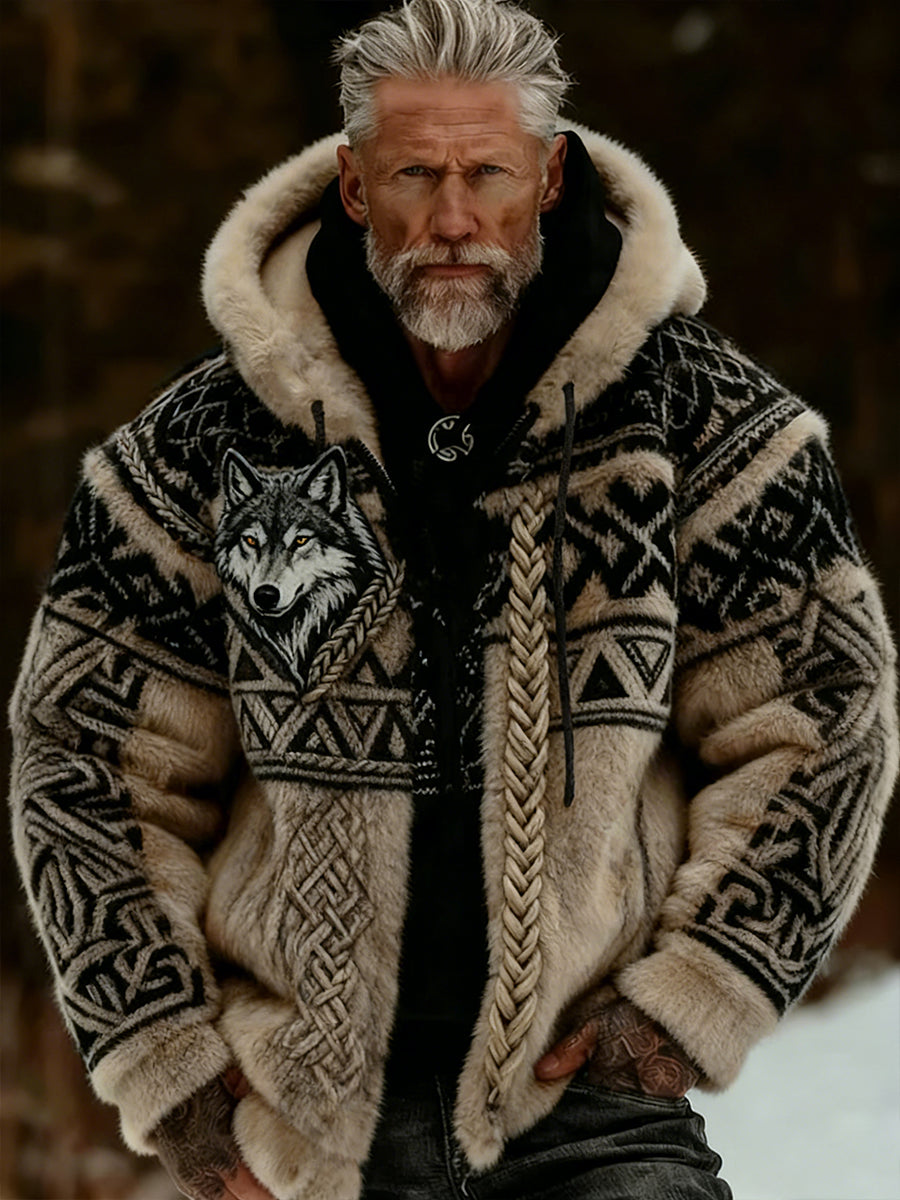Męskie Retro Viking Wolf Totem Flanelowa ciepła bluza z kapturem w stylu celtyckim