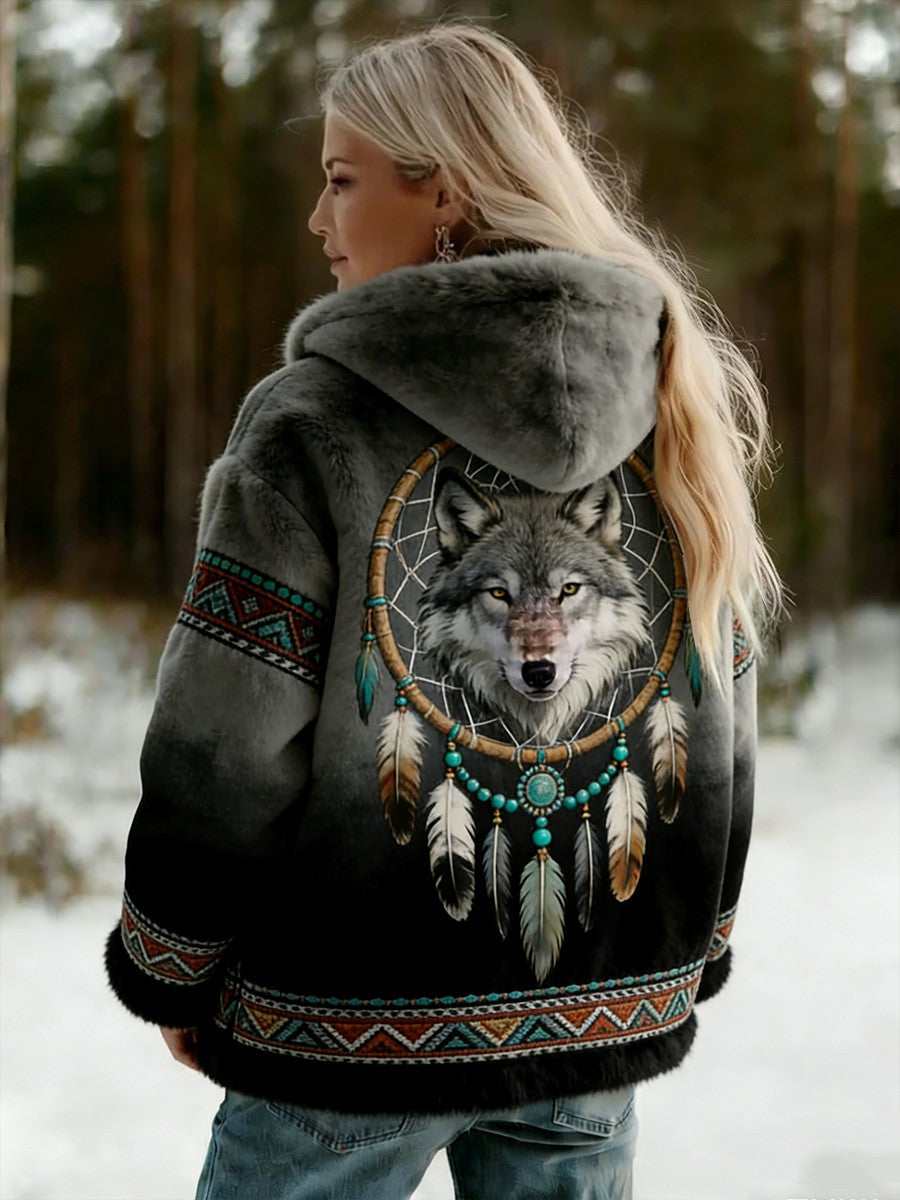 Damski Vintage Viking Celtic Knot Wolf Print Gradient Flanela Kurtka