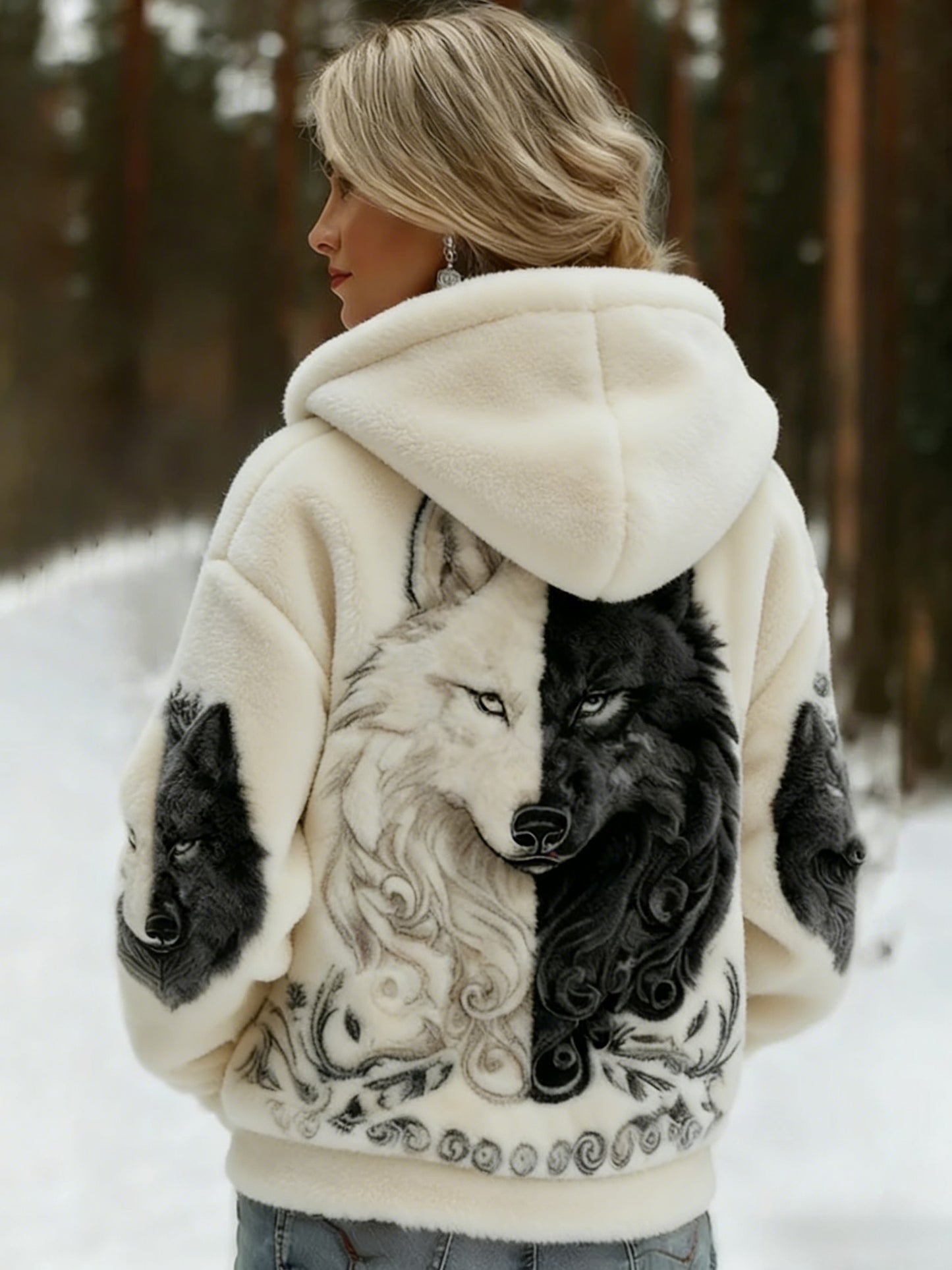 Damski Vintage Viking Celtic Knot Wolf Print Gradient Flanela Kurtka