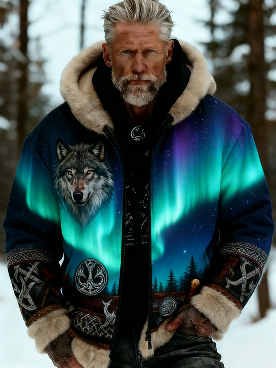 Męskie Retro Viking Wolf Totem Flanelowa ciepła bluza z kapturem w stylu celtyckim