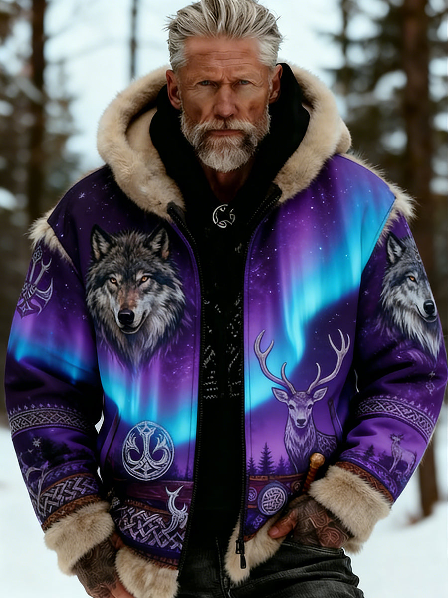 Męskie Retro Viking Wolf Totem Flanelowa ciepła bluza z kapturem w stylu celtyckim