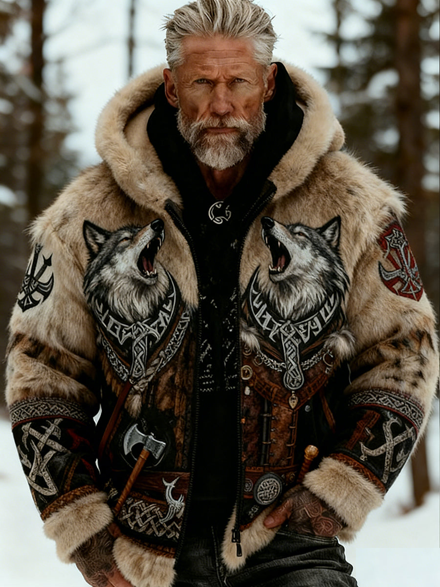 Męskie Retro Viking Wolf Totem Flanelowa ciepła bluza z kapturem w stylu celtyckim