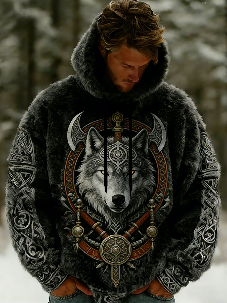 Męskie Retro Viking celtycki wzór pluszowa ciepła kurtka z kapturem z kapturem