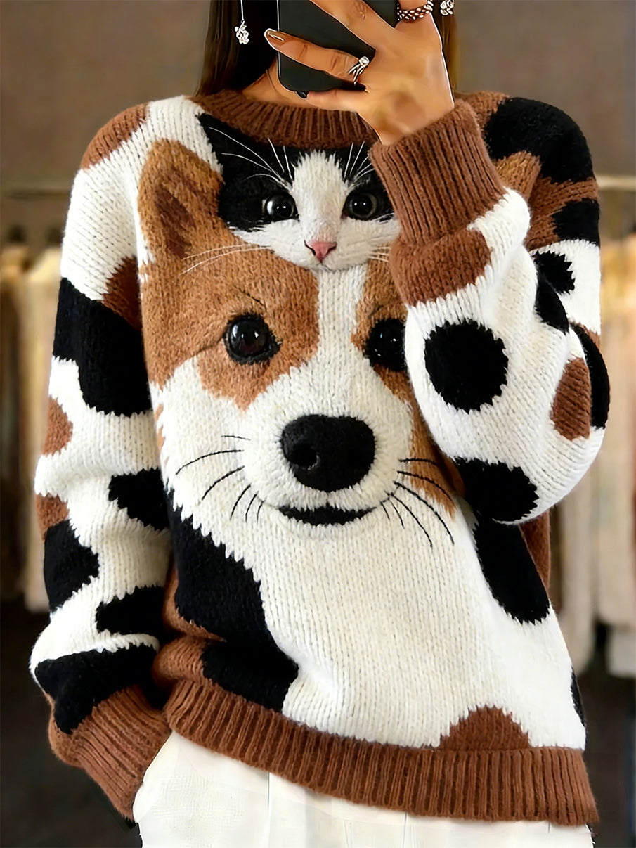 Damski sweter w stylu vintage z nadrukiem zwierzęcym Comfort