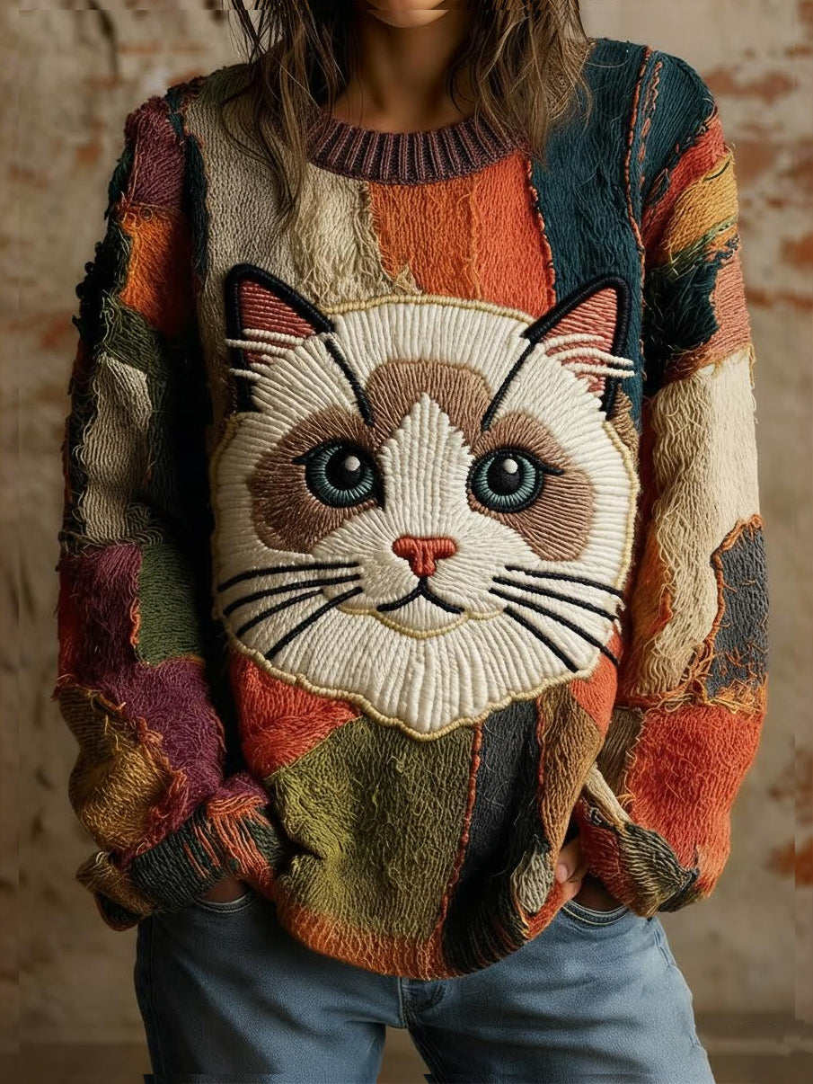 Damski sweter w stylu vintage z nadrukiem zwierzęcym Comfort