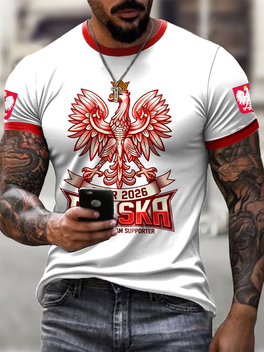 Męski koszulka retro z polskim orłem w stylu piłkarskim na co dzień