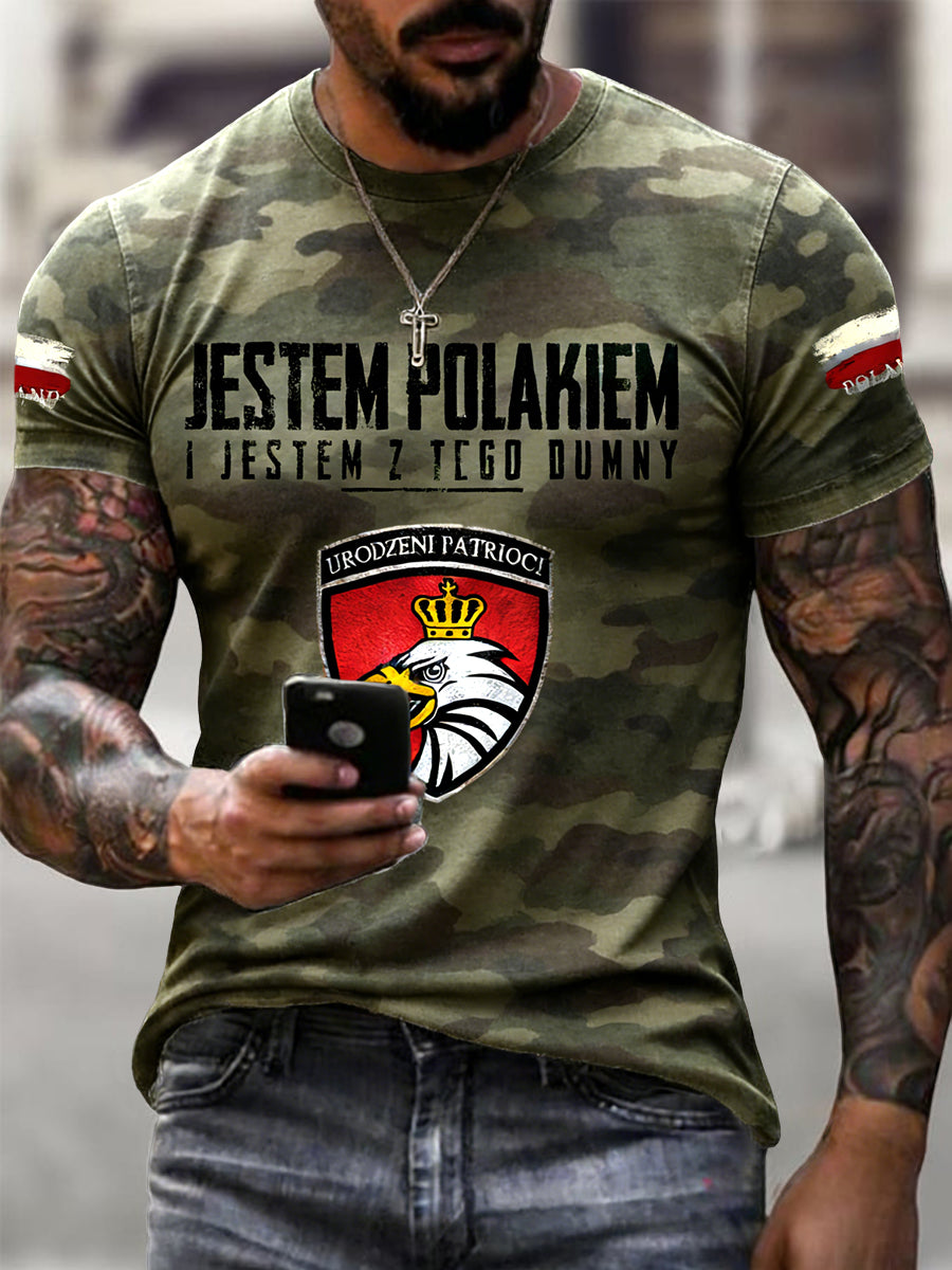 Męski, w stylu vintage, polski orzeł, emblemat, kamuflaż, codzienny t-shirt