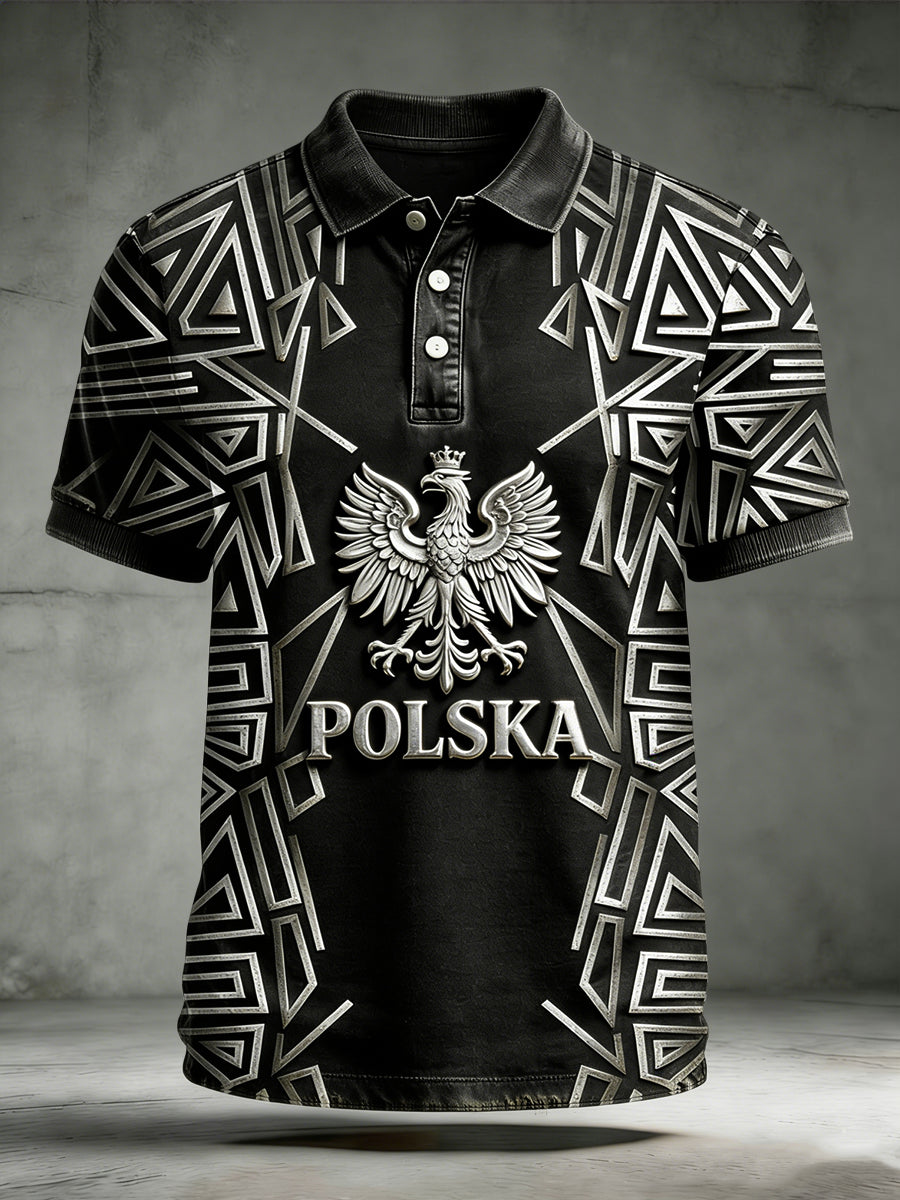 Męska retro koszulka polo w stylu casual z symetrycznym słowiańskim wzorem
