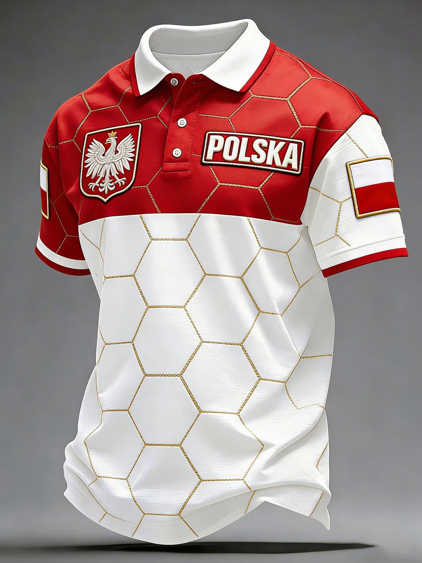 Męska koszulka polo dla kibiców piłki nożnej w kolorach flagi Polski z artystycznym nadrukiem