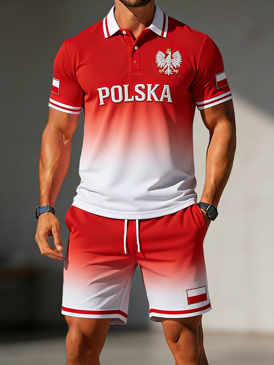 Męski retro polski zestaw z gradientem na co dzień: polo i szorty