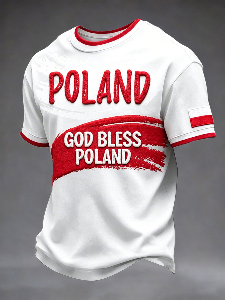 Męski biały codzienny t-shirt z krótkim rękawem z nadrukiem graffiti Polska