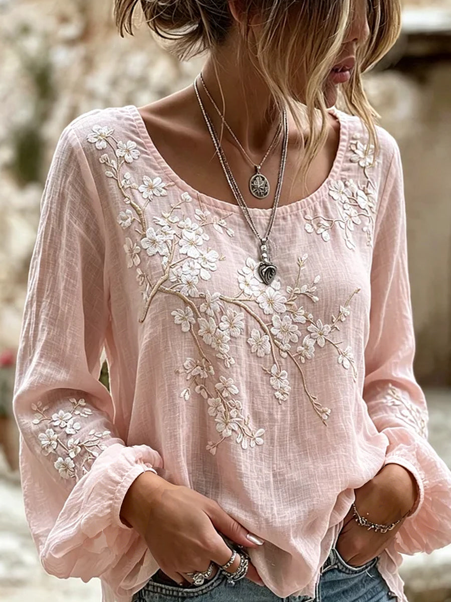 Damskie kwiatowy wzór w stylu vintage Casual Bawełna-Len Top