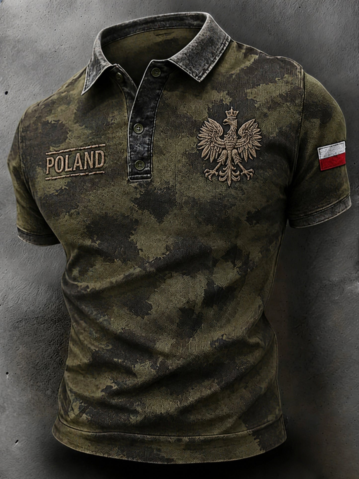 Męski casualowy polo z krótkim rękawem i wystrzępionym nadrukiem kamuflażowym