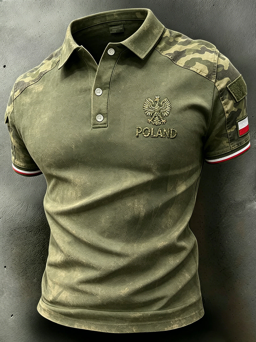 Męska koszulka polo z efektem znoszenia w kamuflażowym wzorze z nadrukiem orła
