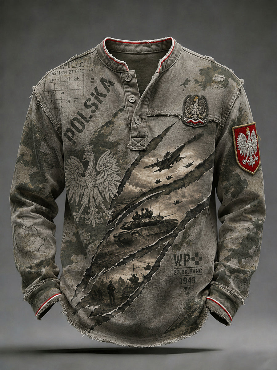 Męski top z długim rękawem w stylu retro w kamuflaż