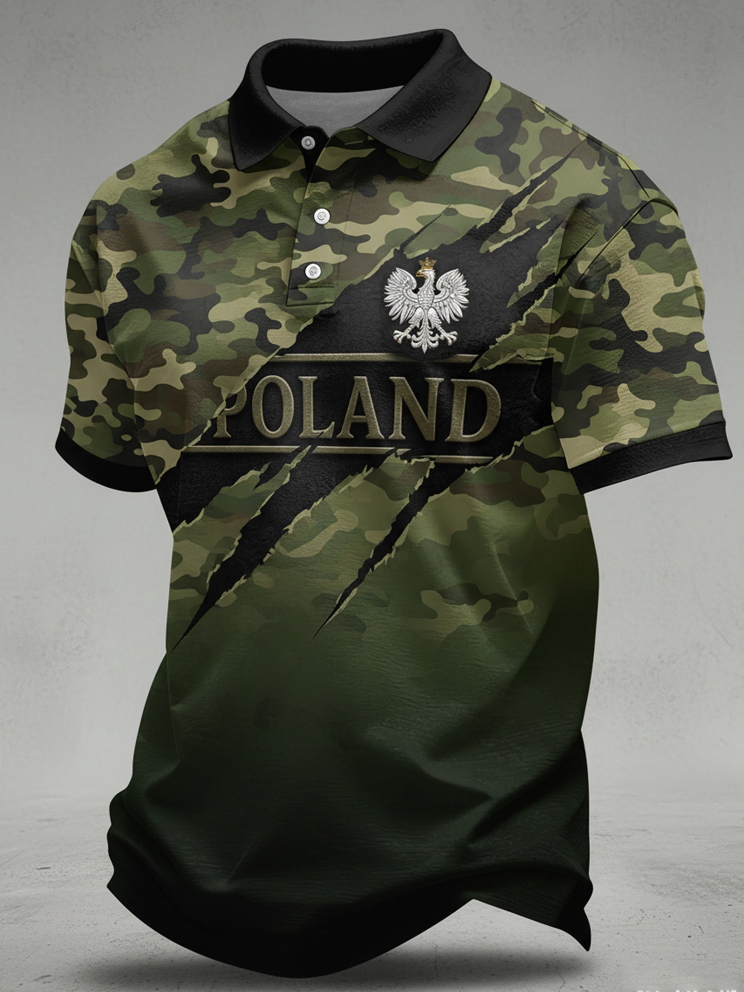 Męski polo z artystycznym nadrukiem w stylu polskiego kamuflażu
