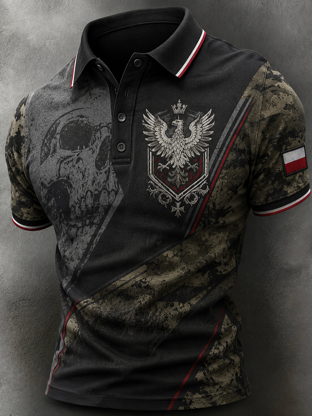 Męski polski koszulowy polo z nadrukiem artystycznym w stylu patchworkowym i kamuflażowym