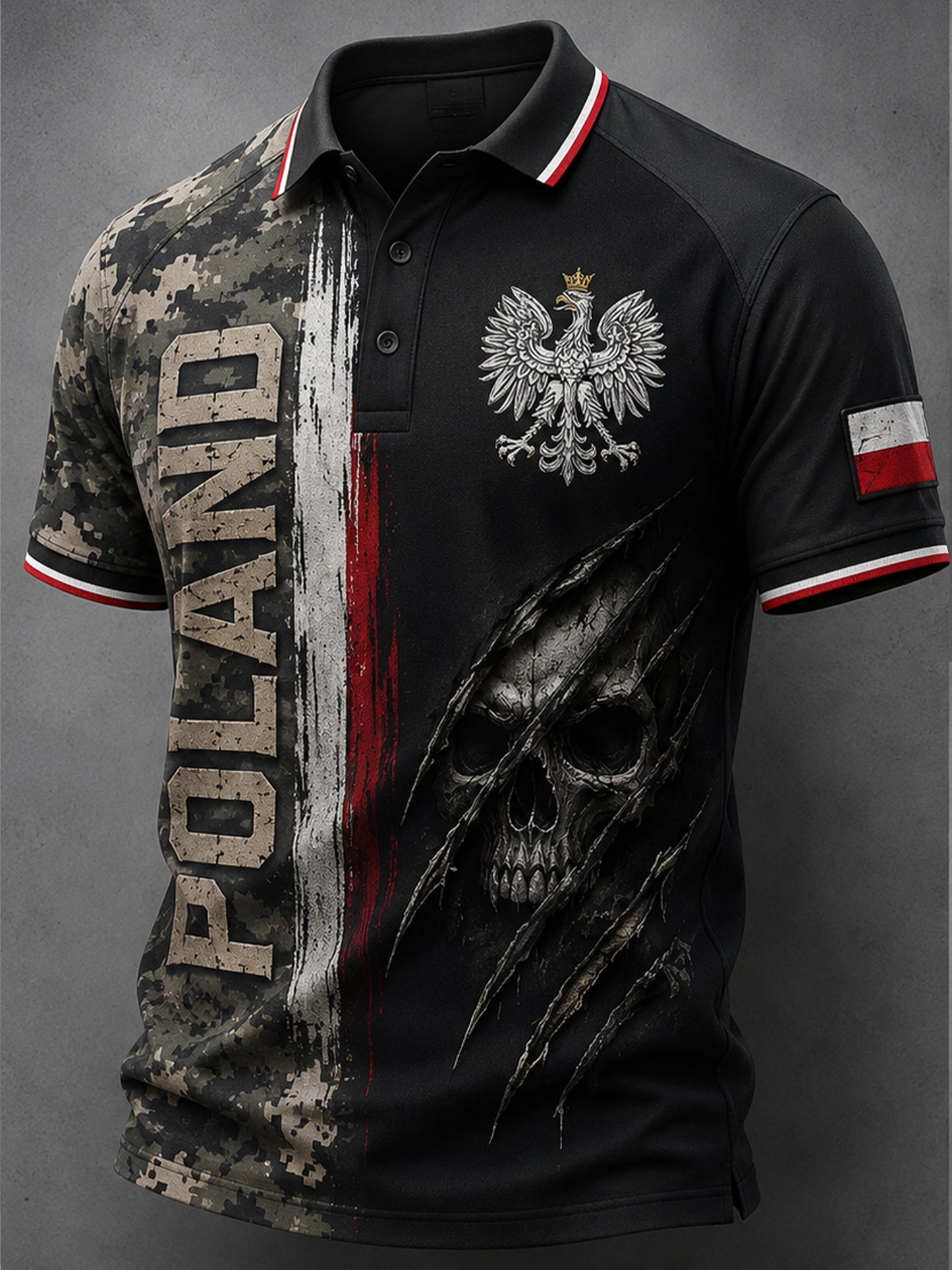 Męski koszulowy polo w wojskowym stylu z polskim kamuflażem patchworkowym
