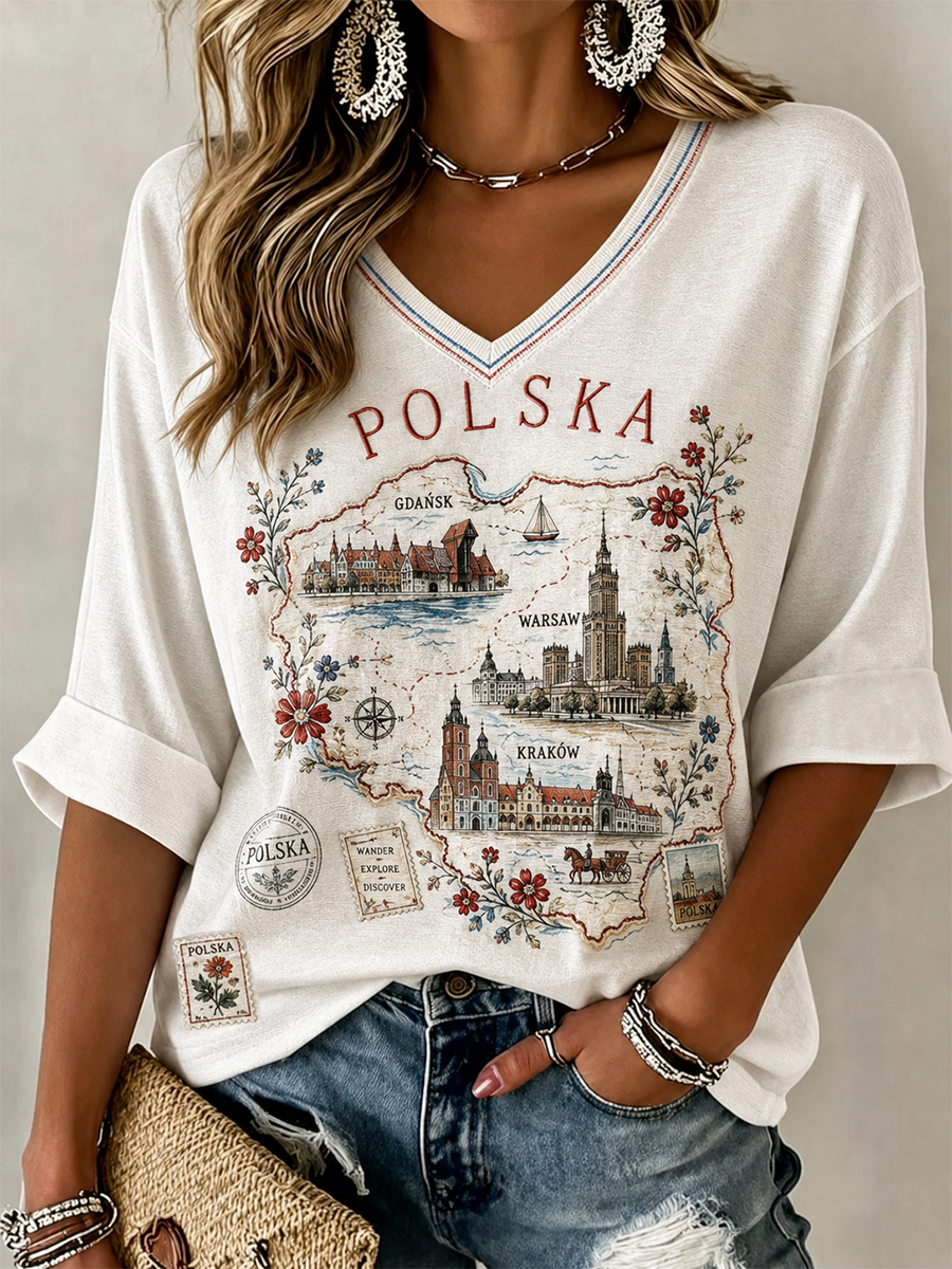 Damska Polska Lniana koszulka z krótkim rękawem