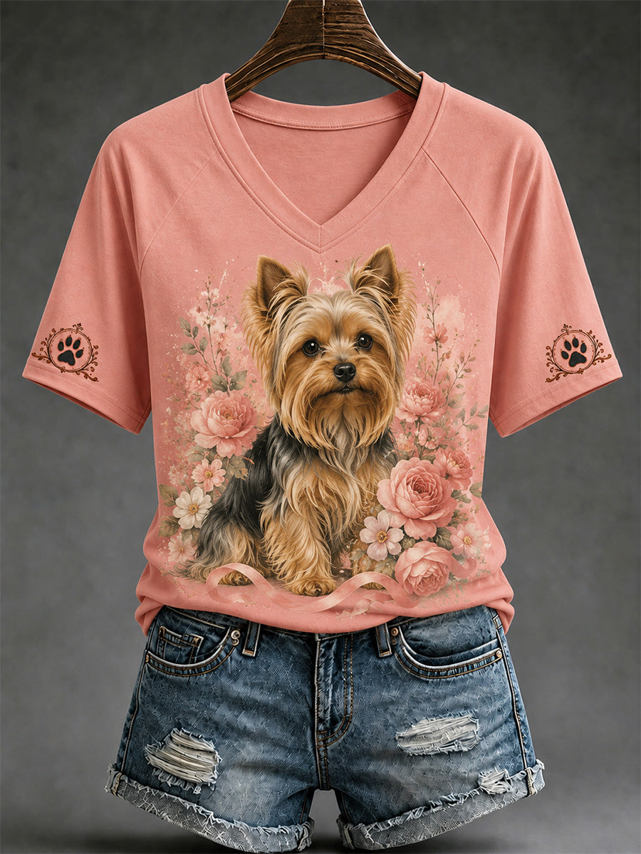Damski codzienny t-shirt z dekoltem w kształcie litery V i motywem psów w stylu retro