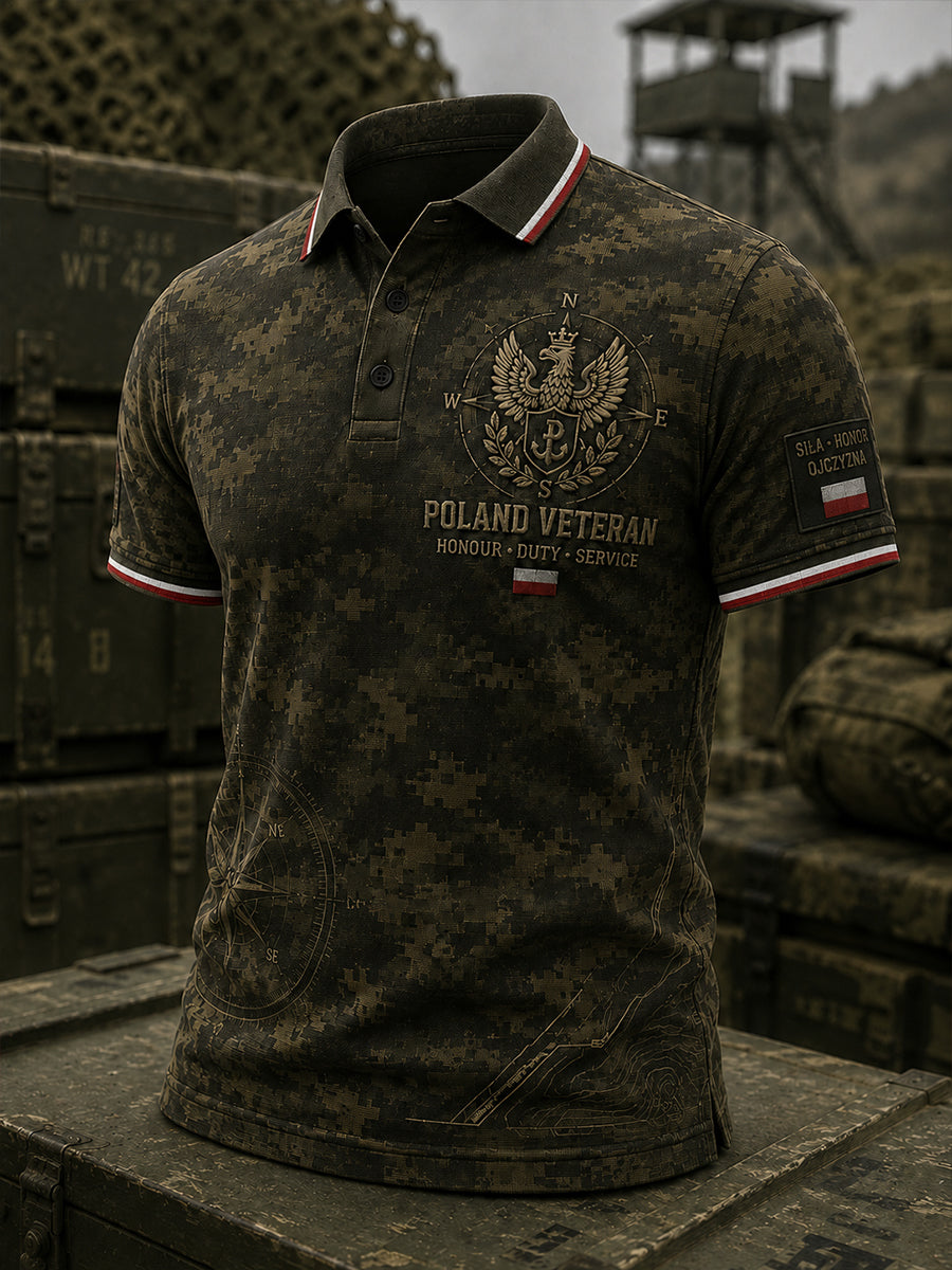 Męska koszulka polo w stylu militarnym z krótkim rękawem, retro, moro i orłem