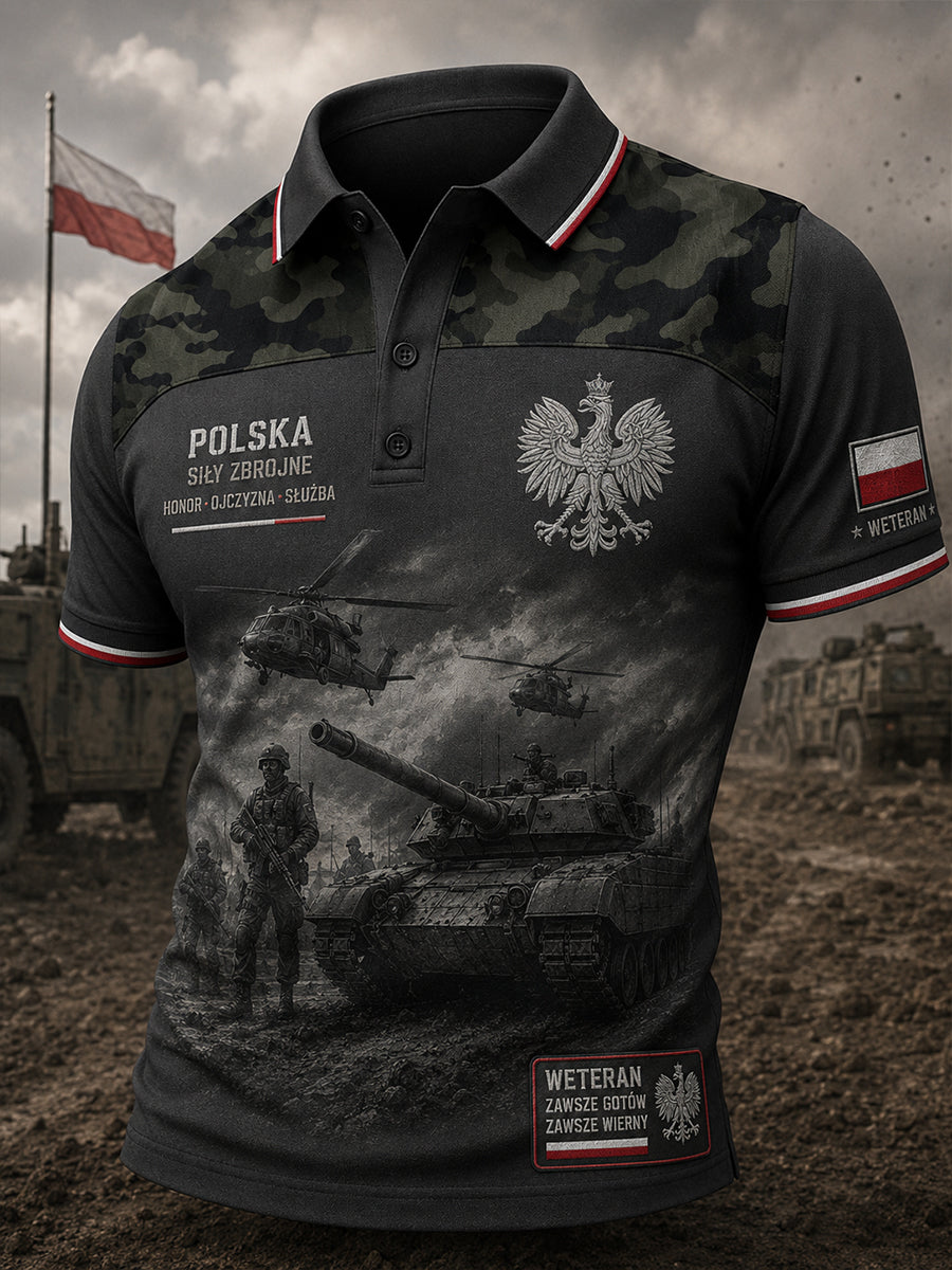 Męska koszulka polo z krótkim rękawem z nadrukiem w stylu militarnym w stylu vintage