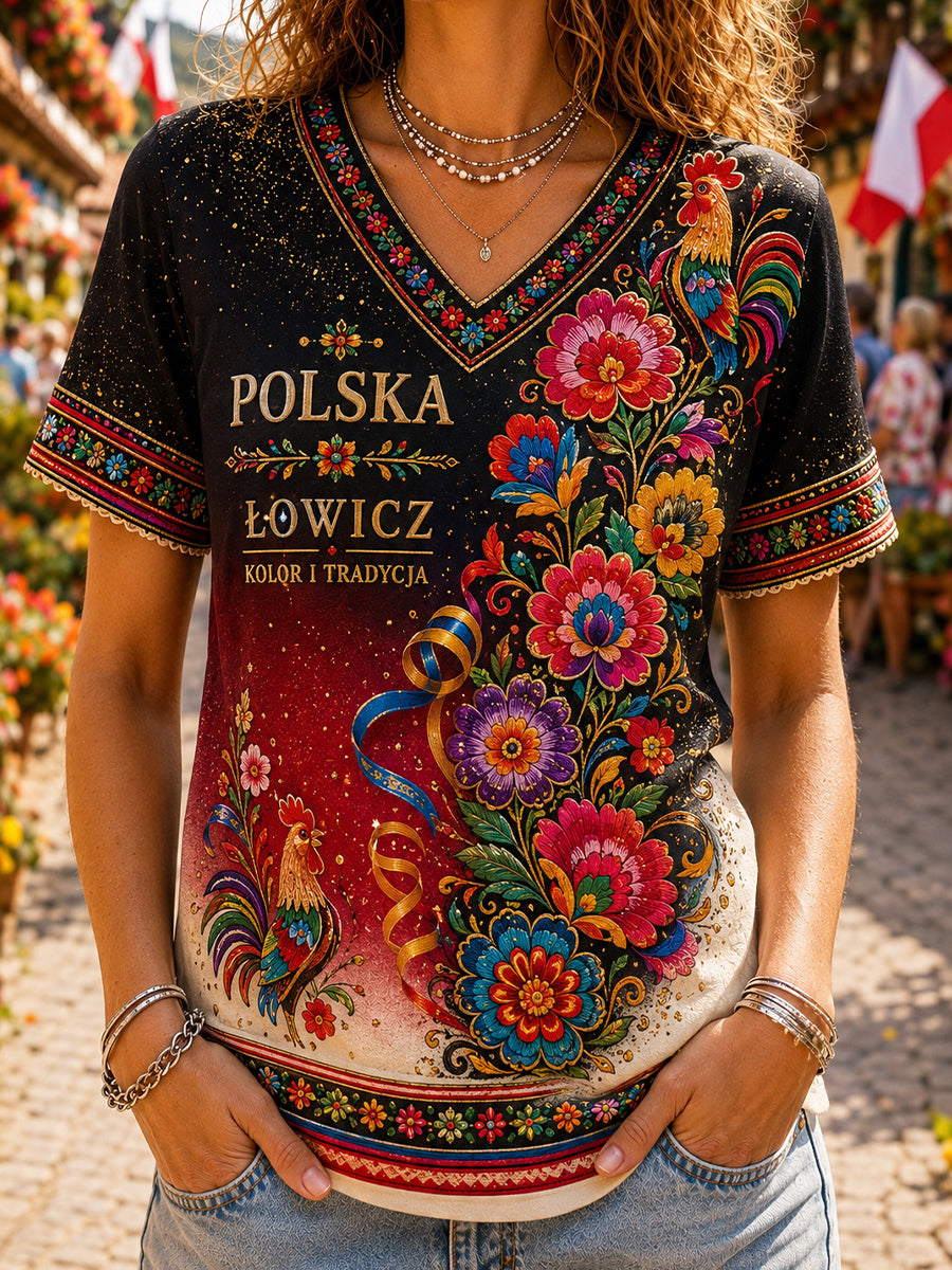 Damski t-shirt na co dzień z wiktoriańskim polskim nadrukiem artystycznym