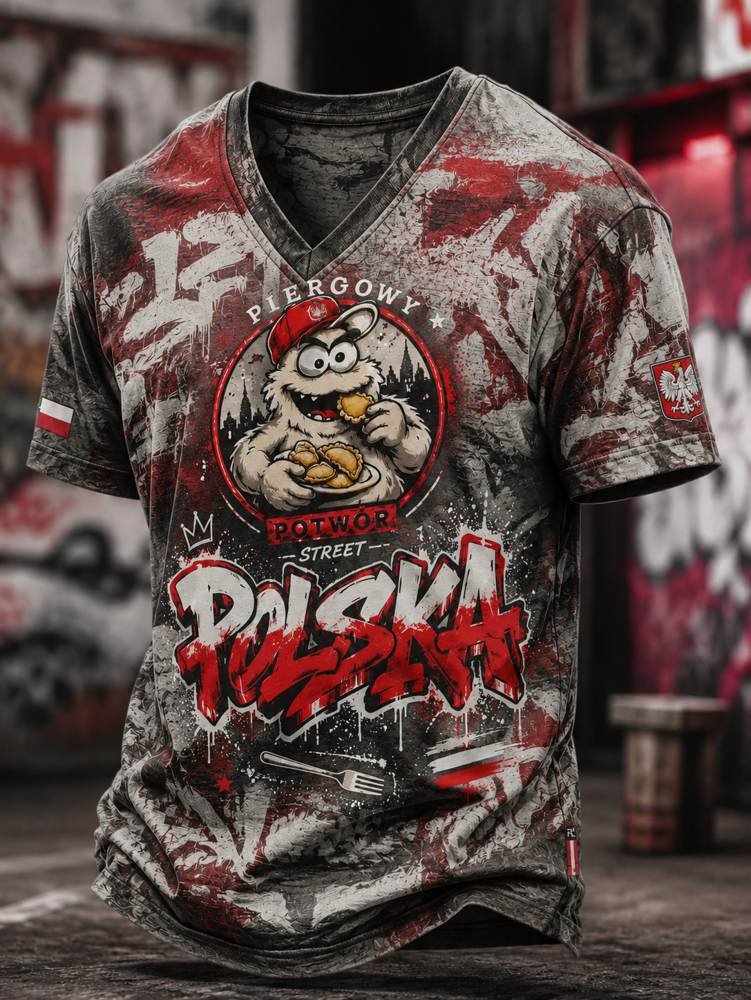 Męski t-shirt z V-kształtnym dekoltem z Polską