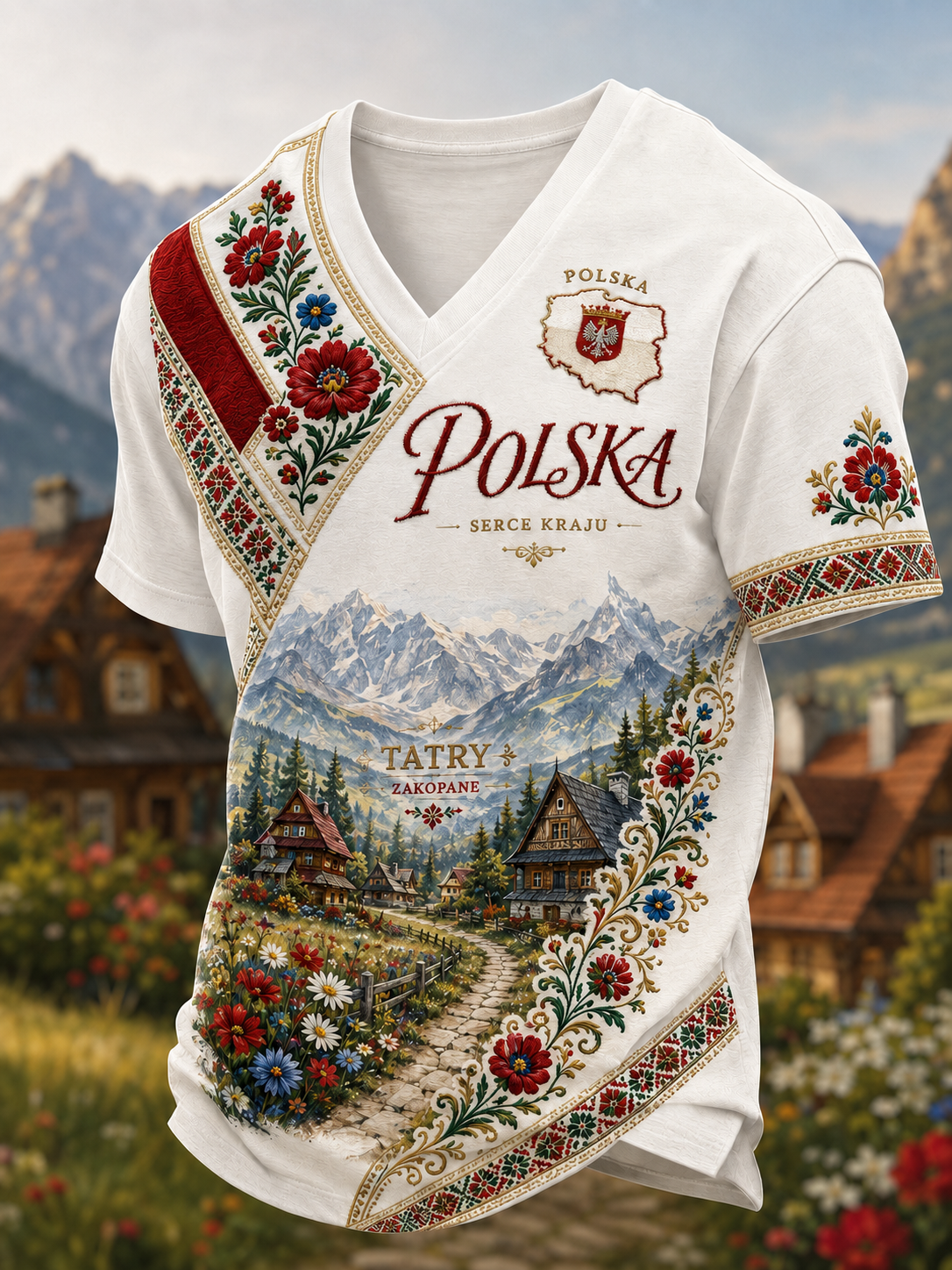 Męski t-shirt z Polską i dekoltem w kształcie litery V